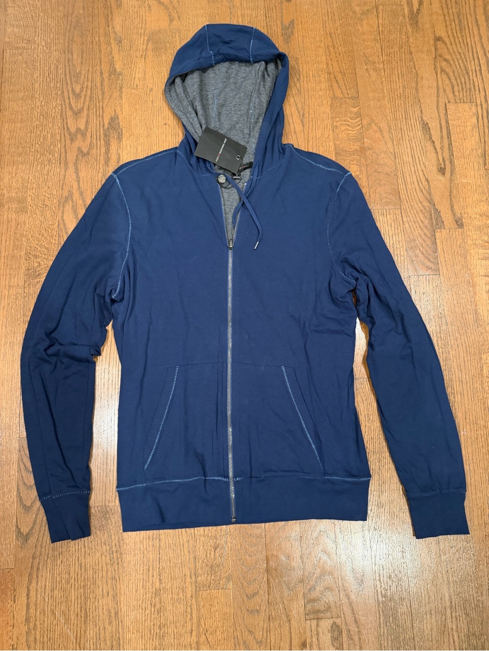 John Varvatos Navy Zip-Up Hoodie with Gray Hood Lining